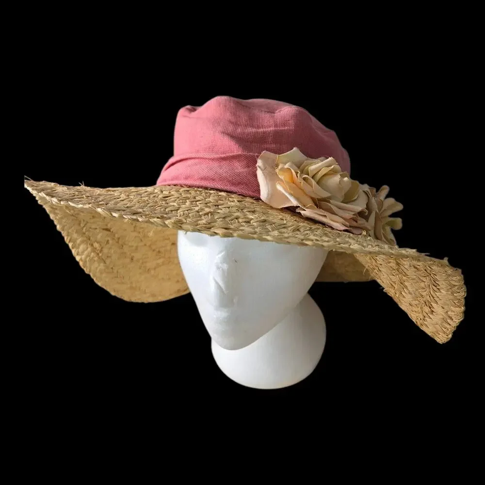 Vintage Hoodlums Ltd Floppy Sun Hat Pink Flowers Straw Brim Cottagecore One Size - Picture 5 of 16